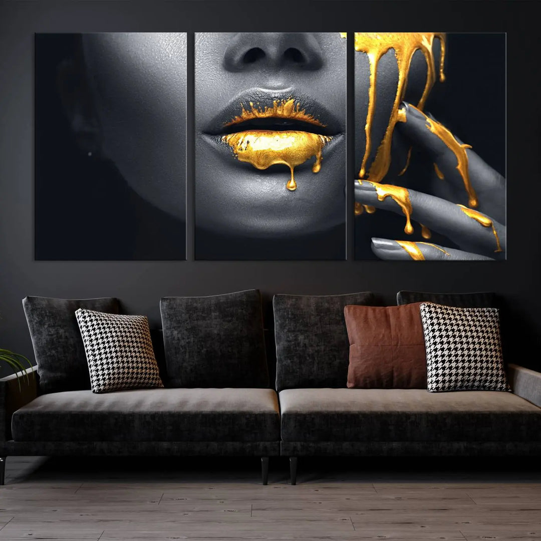 A modern living room featuring the "Gold Lips and Black Woman Makeup Canvas Print" adds a contemporary art style.