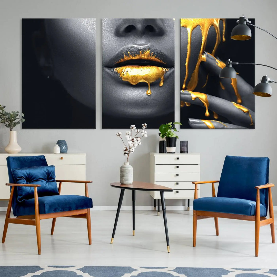 A modern living room featuring the "Gold Lips and Black Woman Makeup Canvas Print" adds a contemporary art style.