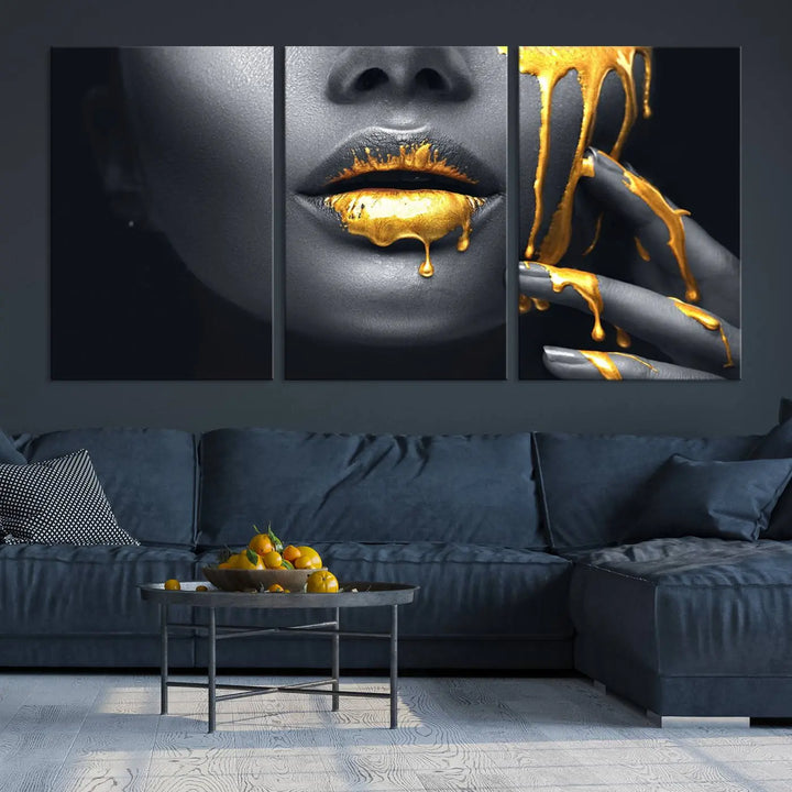 A modern living room featuring the "Gold Lips and Black Woman Makeup Canvas Print" adds a contemporary art style.