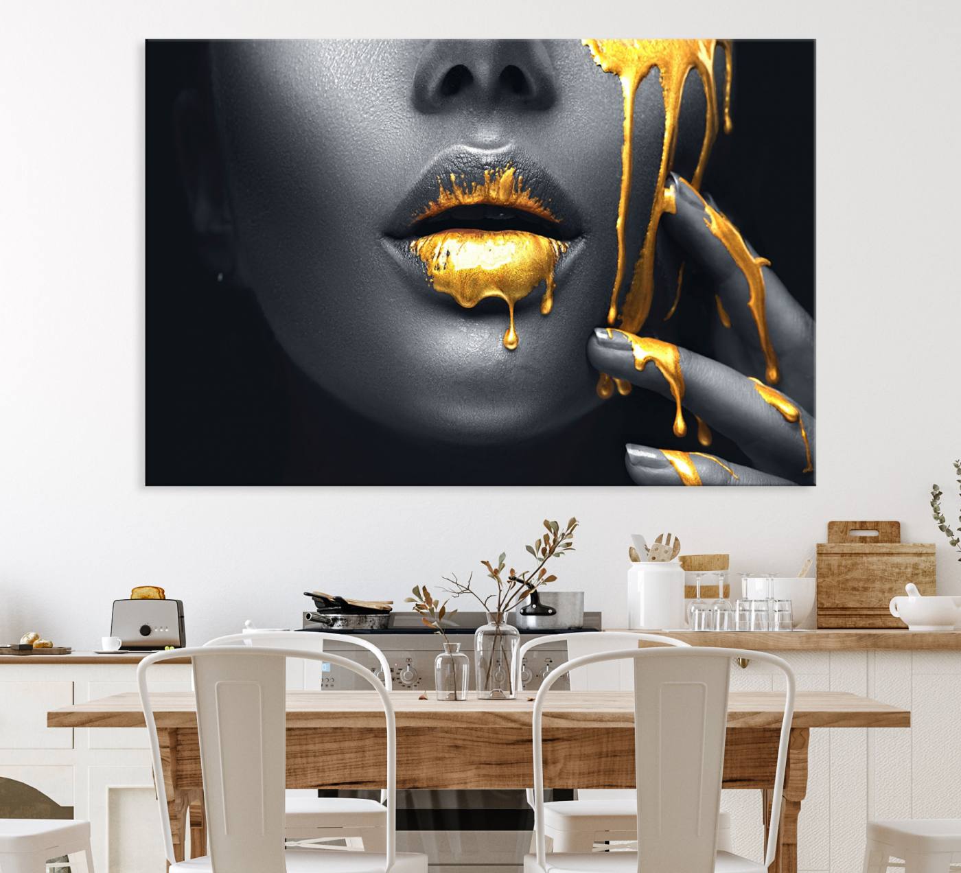 57101-MGV-CV-36X24-Gold Lips and Black Woman Makeup Canvas Print, Black Woman with Gold Lips Print Wall Art