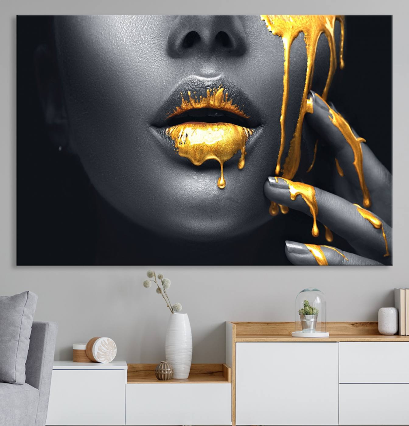 57101-MGV-CV-36X24-Gold Lips and Black Woman Makeup Canvas Print, Black Woman with Gold Lips Print Wall Art