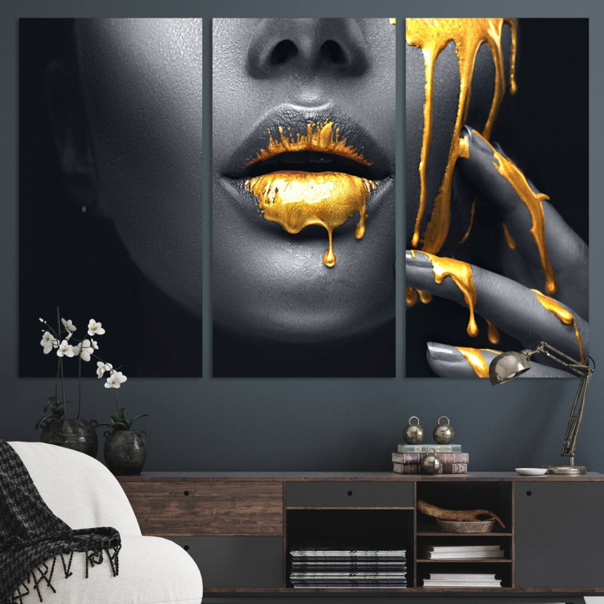 57101-MGV-CV-48X32-3P-Gold Lips and Black Woman Makeup Canvas Print, Black Woman with Gold Lips Print Wall Art