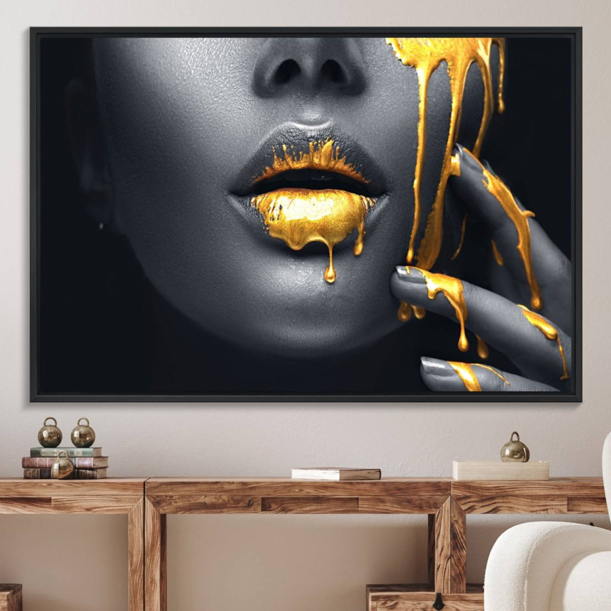 57101-MGV-FC-36X24_Black-Gold Lips and Black Woman Makeup Canvas Print, Black Woman with Gold Lips Print Wall Art