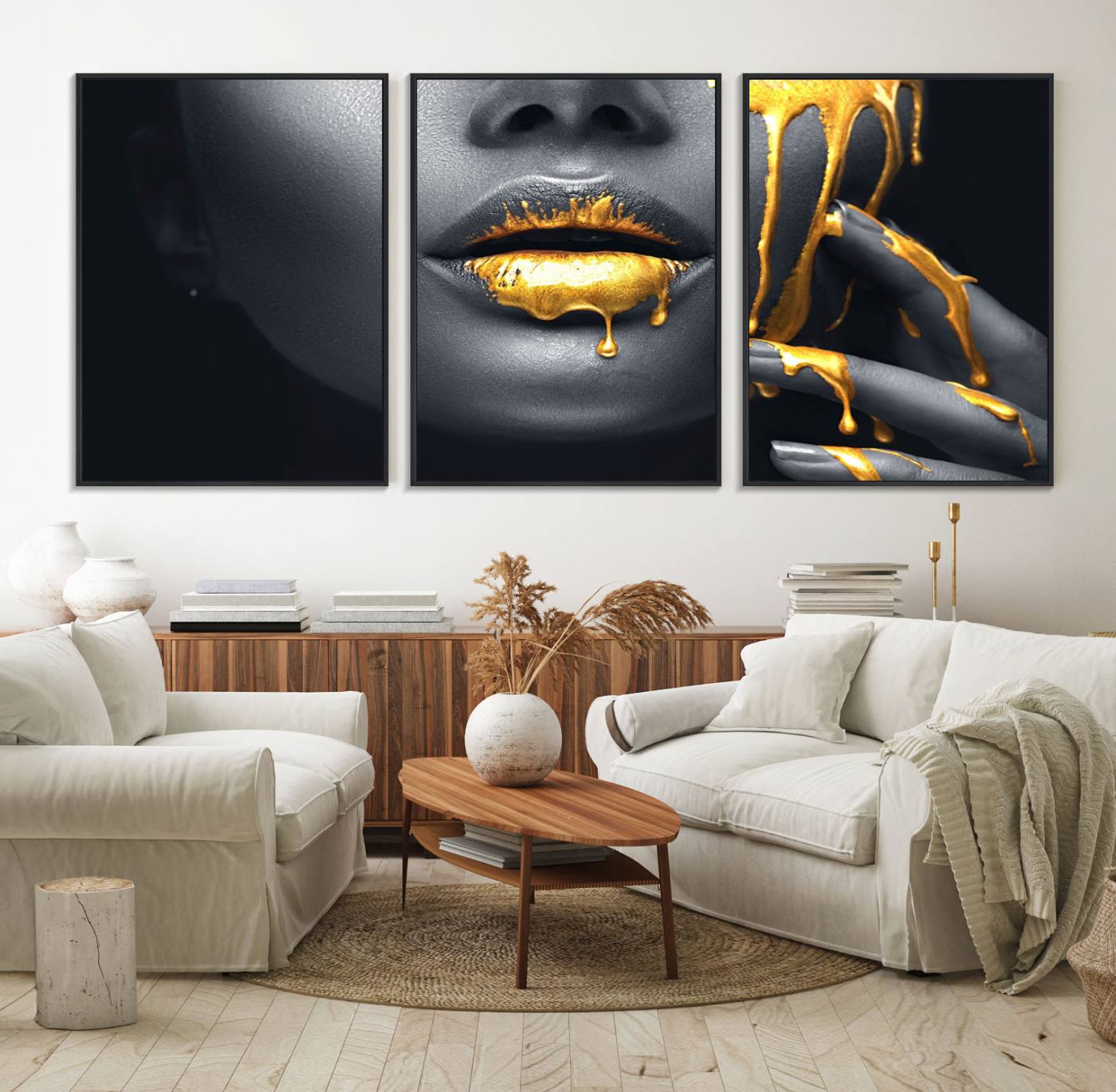 57101-MGV-FC-60X30-3P_Black-Gold Lips and Black Woman Makeup Canvas Print, Black Woman with Gold Lips Print Wall Art