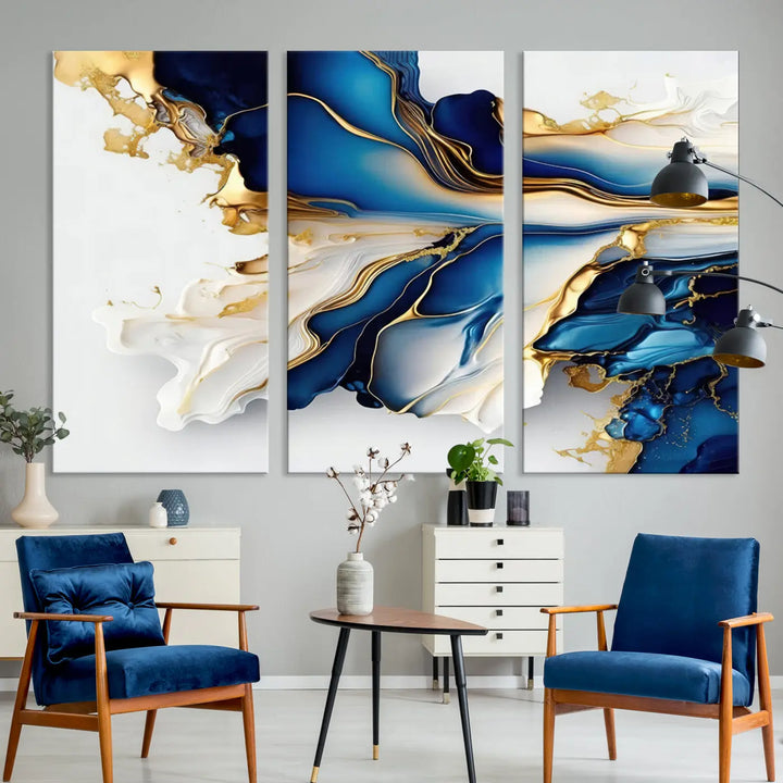 The Gold Marble Art - Abstract Geode Gold And Blue Marble Shape 3 Pieces Wall Art Canvas Print effortlessly complements abstract blue and gold decor.