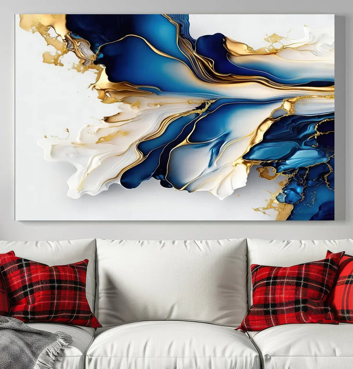 The Gold Marble Art - Abstract Geode Gold And Blue Marble Shape 3 Pieces Wall Art Canvas Print effortlessly complements abstract blue and gold decor.