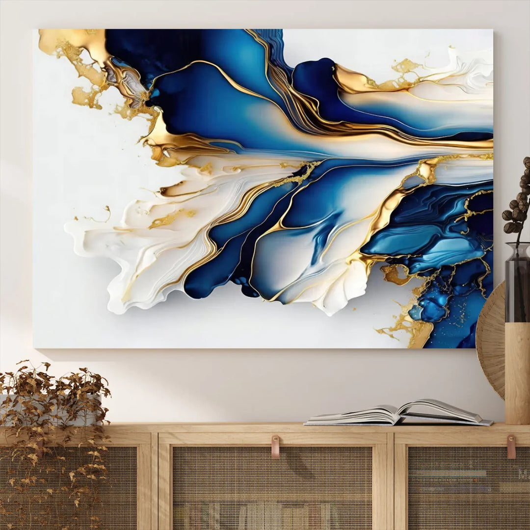 The Gold Marble Art - Abstract Geode Gold And Blue Marble Shape 3 Pieces Wall Art Canvas Print effortlessly complements abstract blue and gold decor.