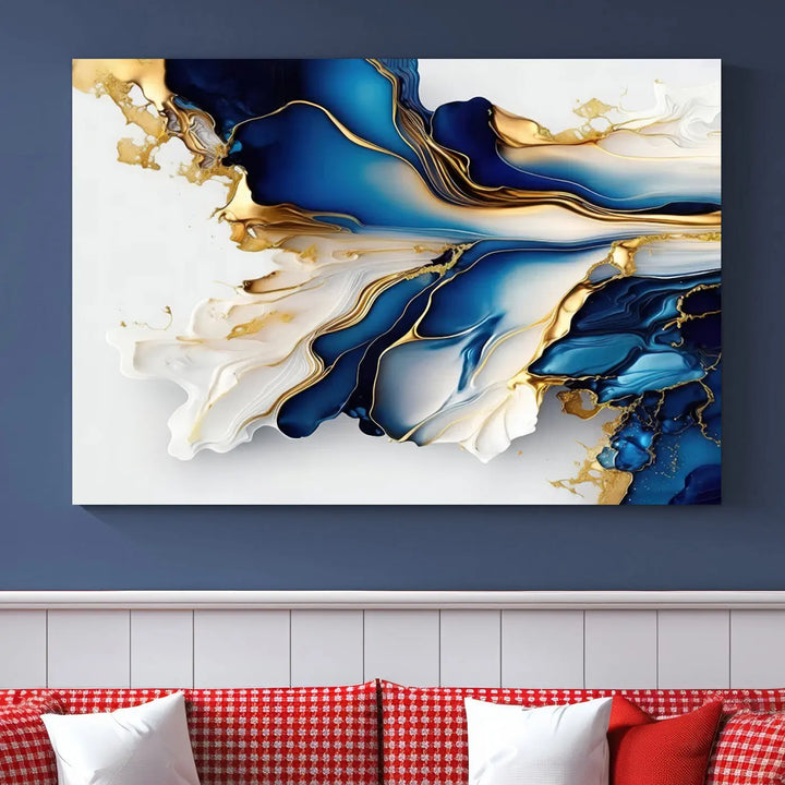 The Gold Marble Art - Abstract Geode Gold And Blue Marble Shape 3 Pieces Wall Art Canvas Print effortlessly complements abstract blue and gold decor.