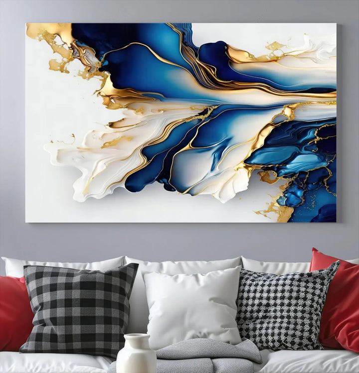 The Gold Marble Art - Abstract Geode Gold And Blue Marble Shape 3 Pieces Wall Art Canvas Print effortlessly complements abstract blue and gold decor.