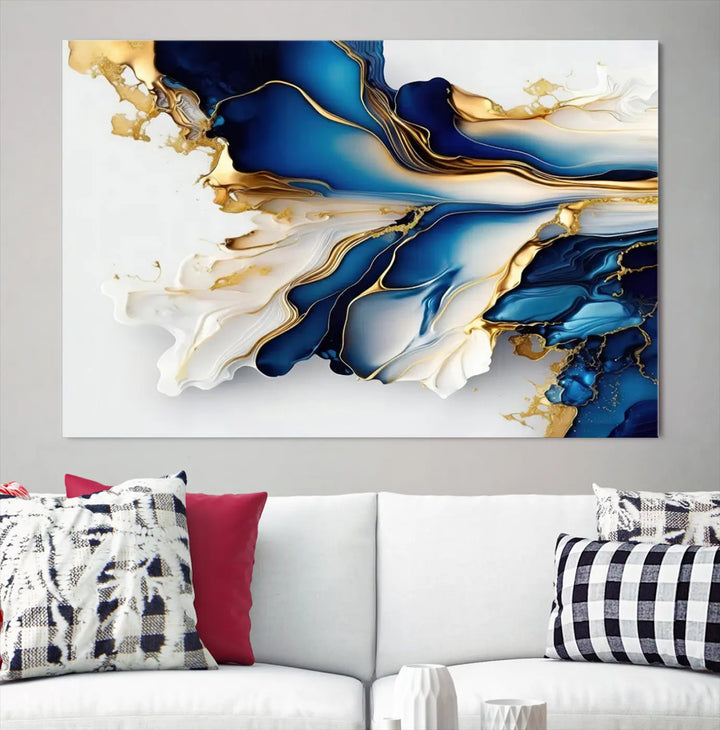 The Gold Marble Art - Abstract Geode Gold And Blue Marble Shape 3 Pieces Wall Art Canvas Print effortlessly complements abstract blue and gold decor.