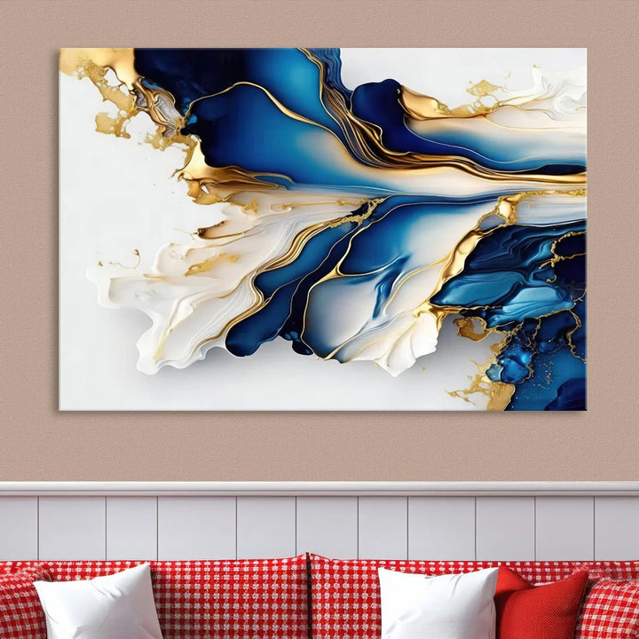 The Gold Marble Art - Abstract Geode Gold And Blue Marble Shape 3 Pieces Wall Art Canvas Print effortlessly complements abstract blue and gold decor.