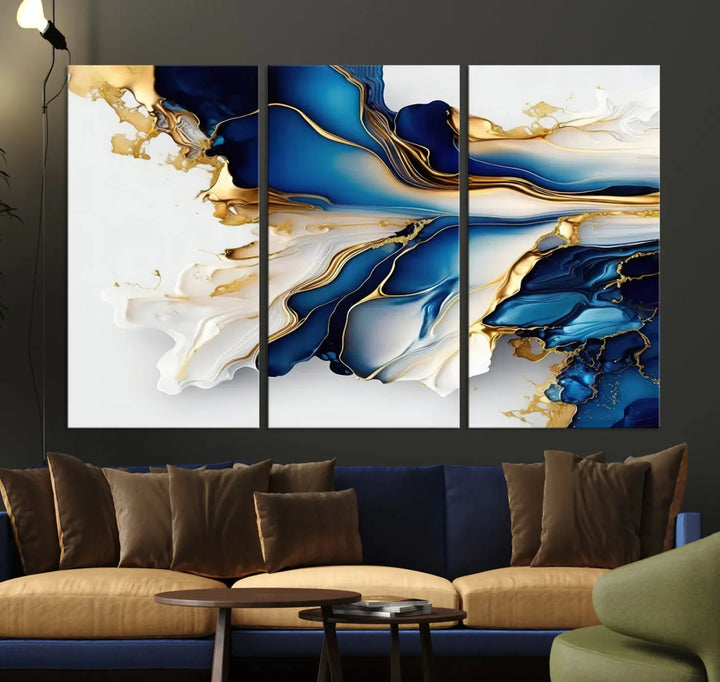 The Gold Marble Art - Abstract Geode Gold And Blue Marble Shape 3 Pieces Wall Art Canvas Print effortlessly complements abstract blue and gold decor.