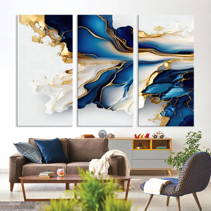 The Gold Marble Art - Abstract Geode Gold And Blue Marble Shape 3 Pieces Wall Art Canvas Print effortlessly complements abstract blue and gold decor.