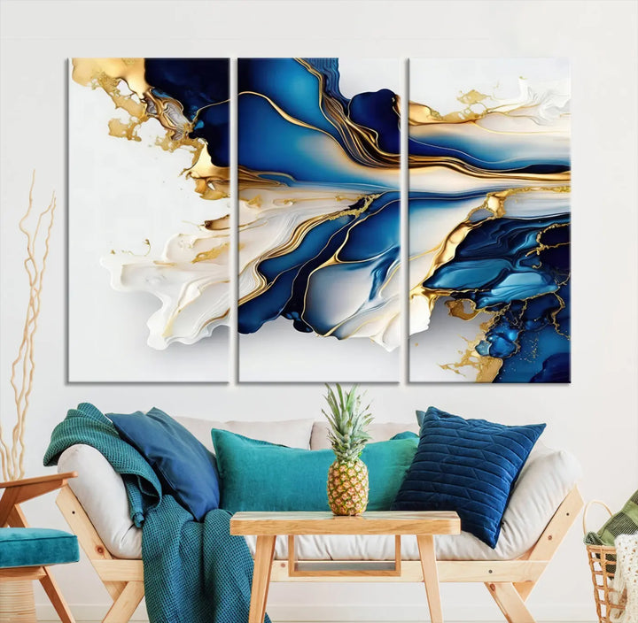 The Gold Marble Art - Abstract Geode Gold And Blue Marble Shape 3 Pieces Wall Art Canvas Print effortlessly complements abstract blue and gold decor.