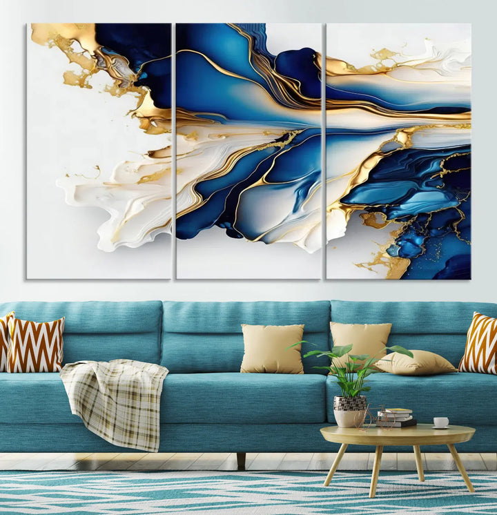 The Gold Marble Art - Abstract Geode Gold And Blue Marble Shape 3 Pieces Wall Art Canvas Print effortlessly complements abstract blue and gold decor.