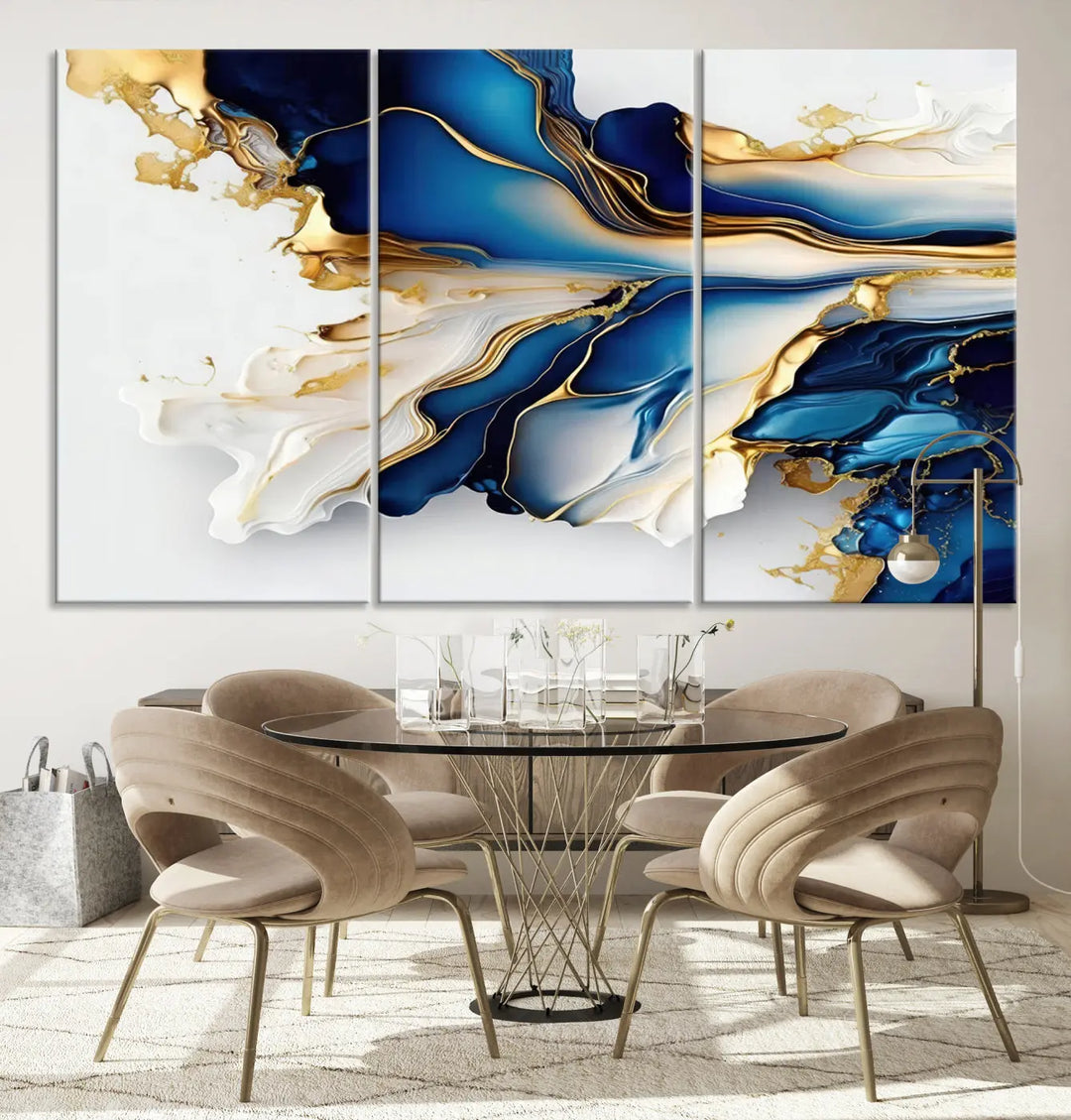 The Gold Marble Art - Abstract Geode Gold And Blue Marble Shape 3 Pieces Wall Art Canvas Print effortlessly complements abstract blue and gold decor.