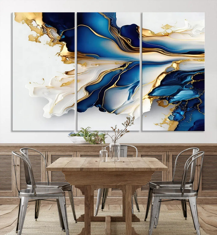 The Gold Marble Art - Abstract Geode Gold And Blue Marble Shape 3 Pieces Wall Art Canvas Print effortlessly complements abstract blue and gold decor.