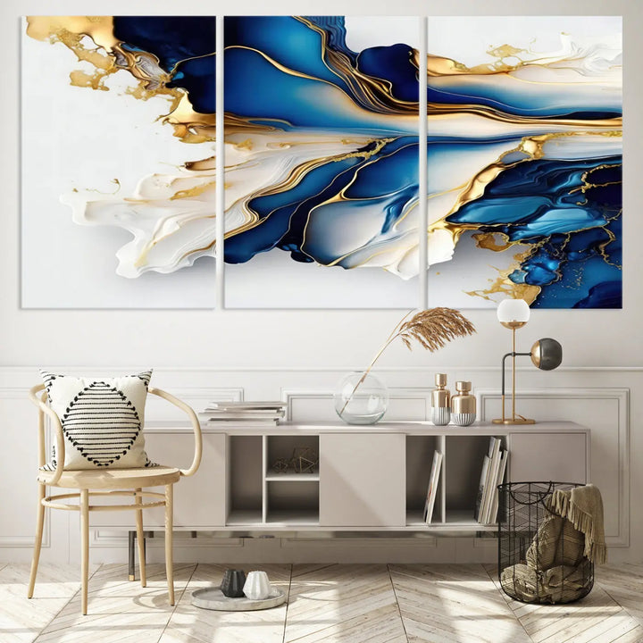 The Gold Marble Art - Abstract Geode Gold And Blue Marble Shape 3 Pieces Wall Art Canvas Print effortlessly complements abstract blue and gold decor.