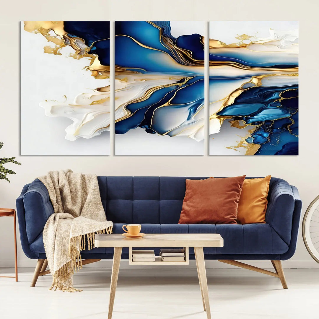 The Gold Marble Art - Abstract Geode Gold And Blue Marble Shape 3 Pieces Wall Art Canvas Print effortlessly complements abstract blue and gold decor.