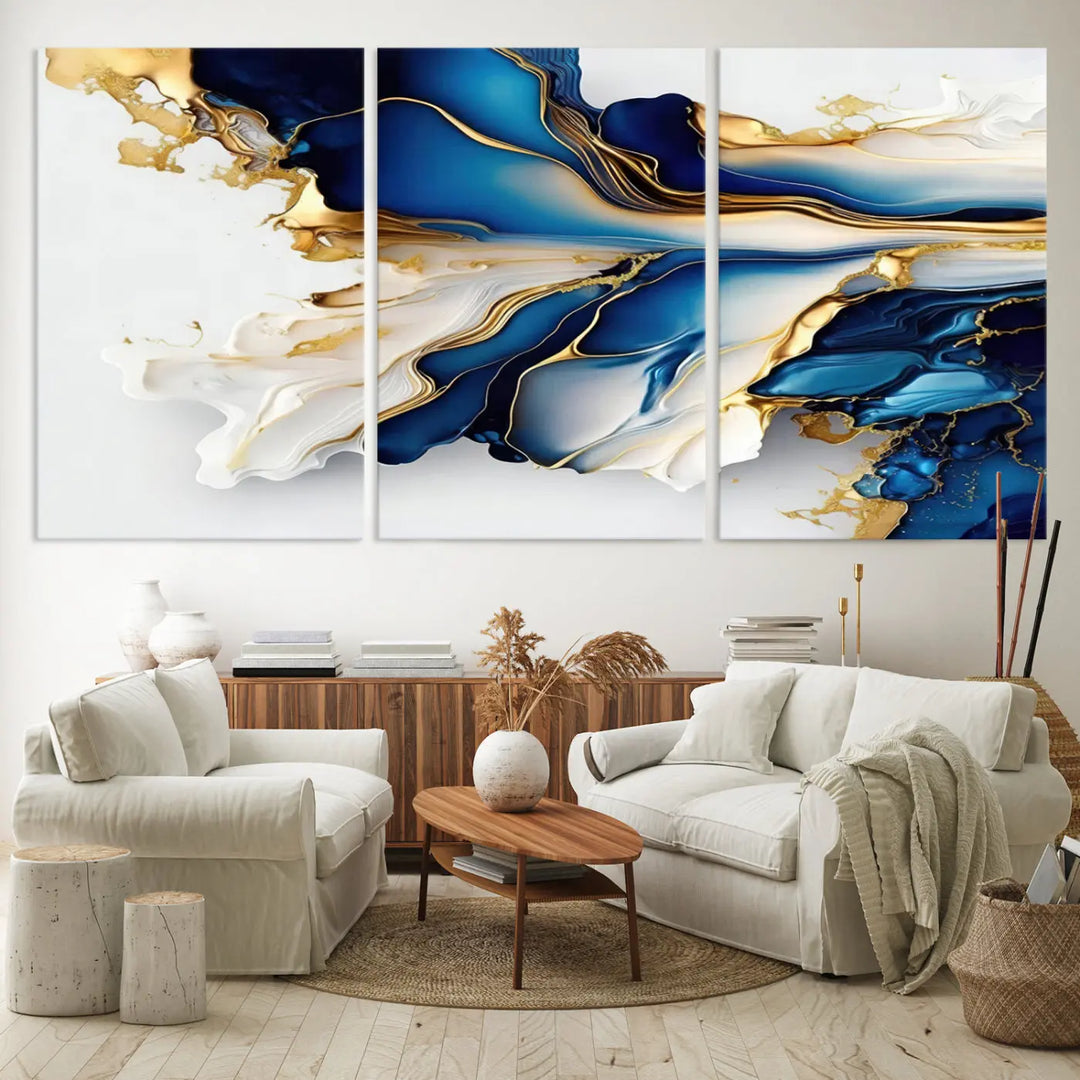 The Gold Marble Art - Abstract Geode Gold And Blue Marble Shape 3 Pieces Wall Art Canvas Print effortlessly complements abstract blue and gold decor.