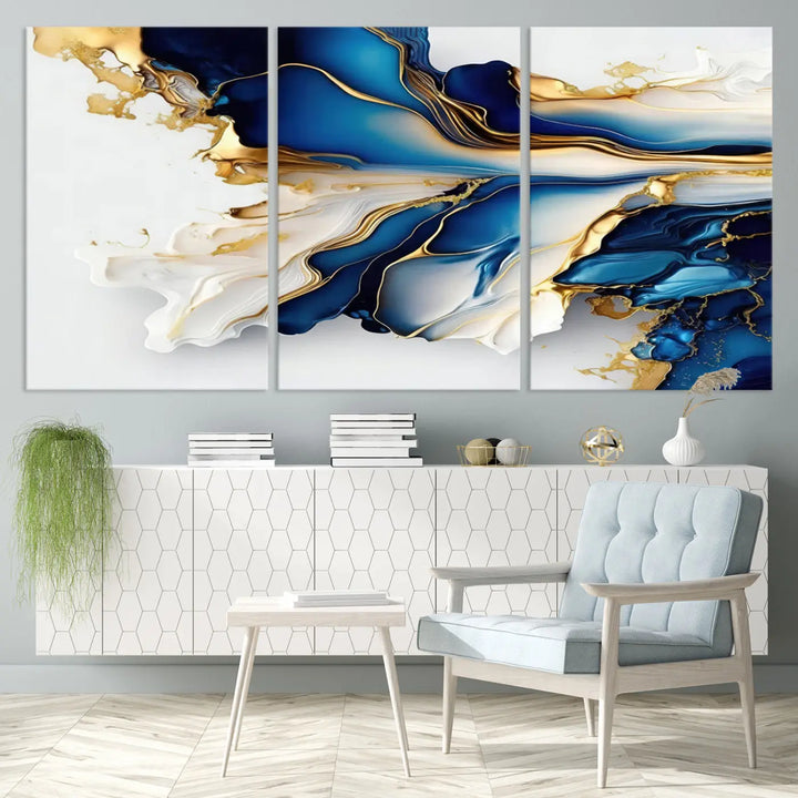 The Gold Marble Art - Abstract Geode Gold And Blue Marble Shape 3 Pieces Wall Art Canvas Print effortlessly complements abstract blue and gold decor.