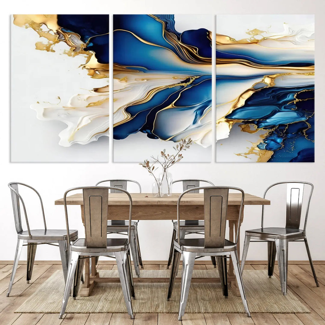 The Gold Marble Art - Abstract Geode Gold And Blue Marble Shape 3 Pieces Wall Art Canvas Print effortlessly complements abstract blue and gold decor.