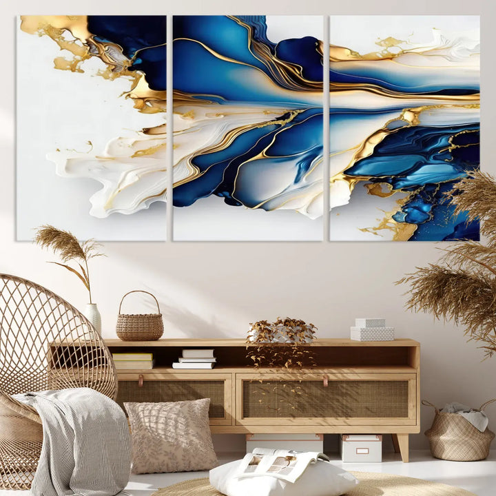 The Gold Marble Art - Abstract Geode Gold And Blue Marble Shape 3 Pieces Wall Art Canvas Print effortlessly complements abstract blue and gold decor.