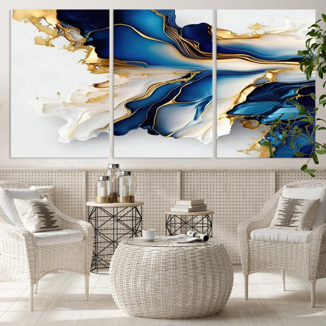 The Gold Marble Art - Abstract Geode Gold And Blue Marble Shape 3 Pieces Wall Art Canvas Print effortlessly complements abstract blue and gold decor.