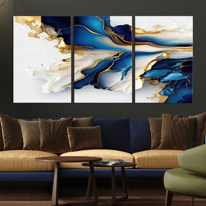 The Gold Marble Art - Abstract Geode Gold And Blue Marble Shape 3 Pieces Wall Art Canvas Print effortlessly complements abstract blue and gold decor.