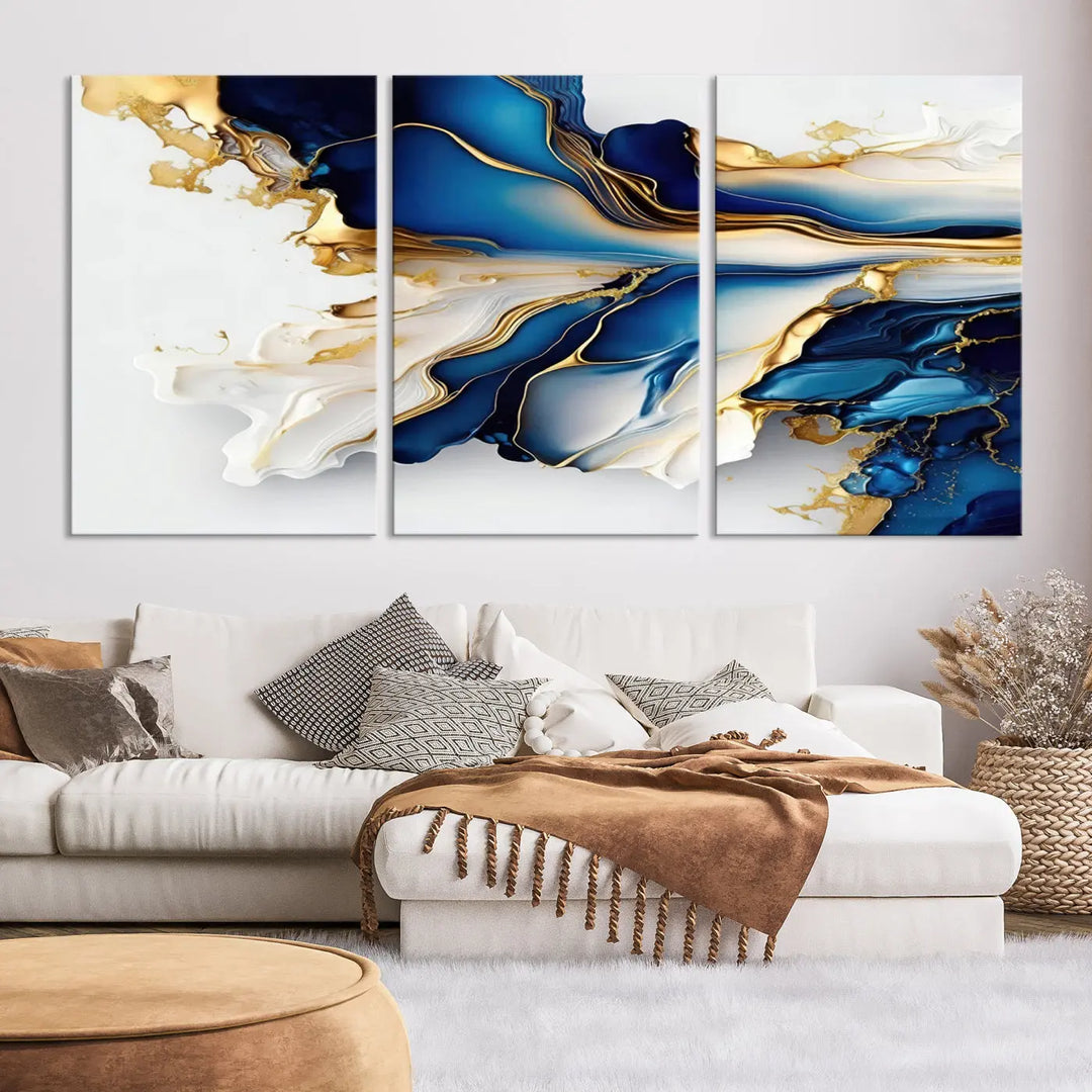 The Gold Marble Art - Abstract Geode Gold And Blue Marble Shape 3 Pieces Wall Art Canvas Print effortlessly complements abstract blue and gold decor.