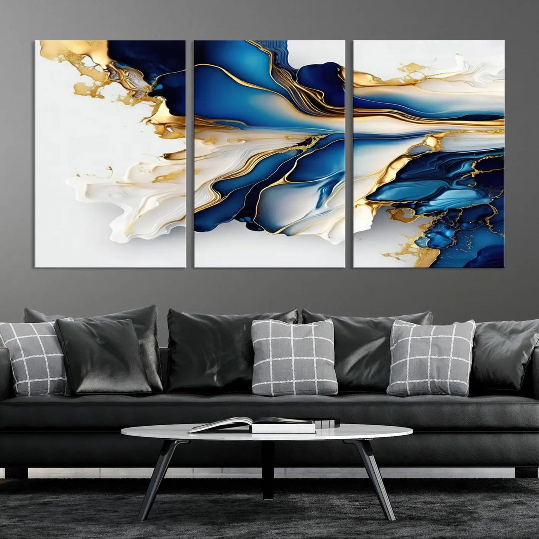 The Gold Marble Art - Abstract Geode Gold And Blue Marble Shape 3 Pieces Wall Art Canvas Print effortlessly complements abstract blue and gold decor.