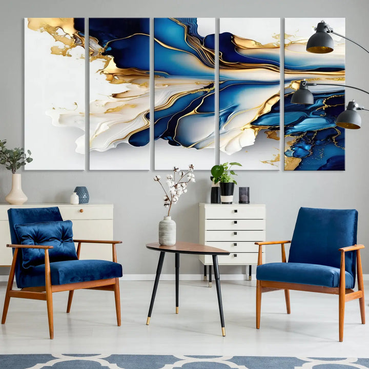 The Gold Marble Art - Abstract Geode Gold And Blue Marble Shape 3 Pieces Wall Art Canvas Print effortlessly complements abstract blue and gold decor.