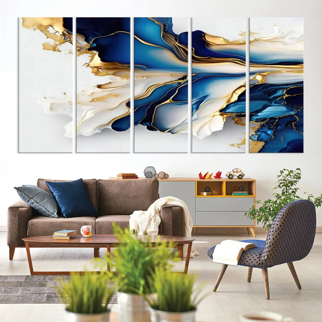 The Gold Marble Art - Abstract Geode Gold And Blue Marble Shape 3 Pieces Wall Art Canvas Print effortlessly complements abstract blue and gold decor.