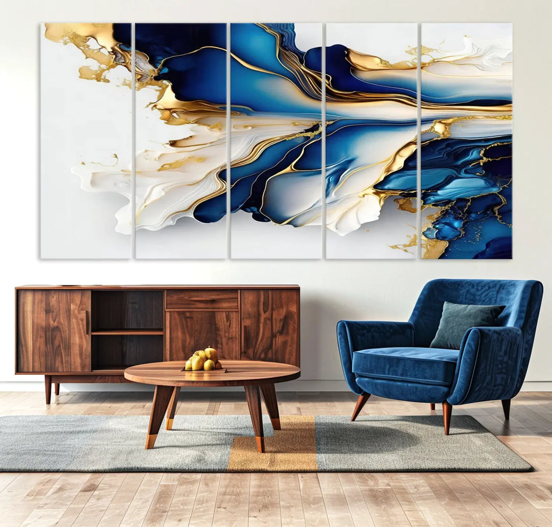 The Gold Marble Art - Abstract Geode Gold And Blue Marble Shape 3 Pieces Wall Art Canvas Print effortlessly complements abstract blue and gold decor.