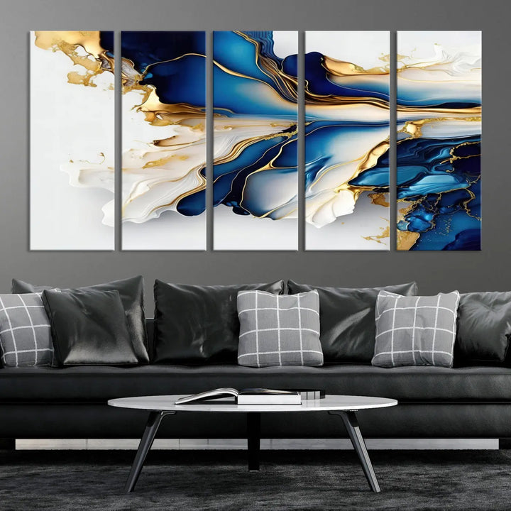 The Gold Marble Art - Abstract Geode Gold And Blue Marble Shape 3 Pieces Wall Art Canvas Print effortlessly complements abstract blue and gold decor.