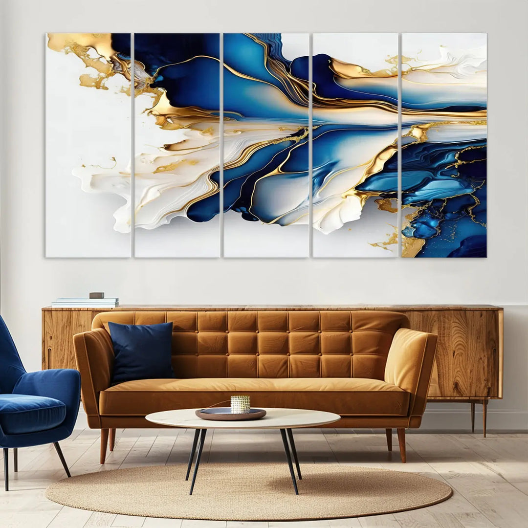 The Gold Marble Art - Abstract Geode Gold And Blue Marble Shape 3 Pieces Wall Art Canvas Print effortlessly complements abstract blue and gold decor.