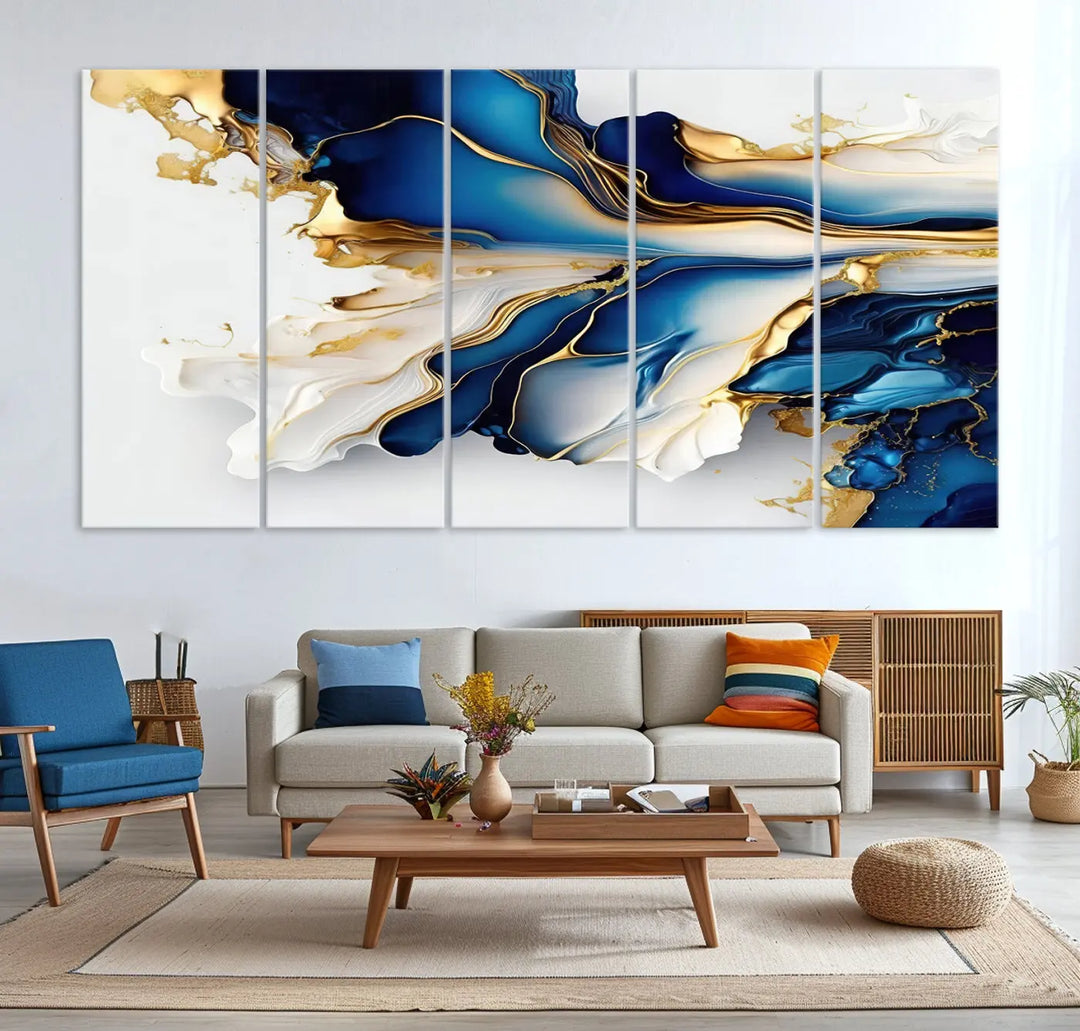 The Gold Marble Art - Abstract Geode Gold And Blue Marble Shape 3 Pieces Wall Art Canvas Print effortlessly complements abstract blue and gold decor.