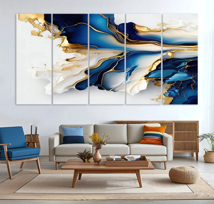 The Gold Marble Art - Abstract Geode Gold And Blue Marble Shape 3 Pieces Wall Art Canvas Print effortlessly complements abstract blue and gold decor.