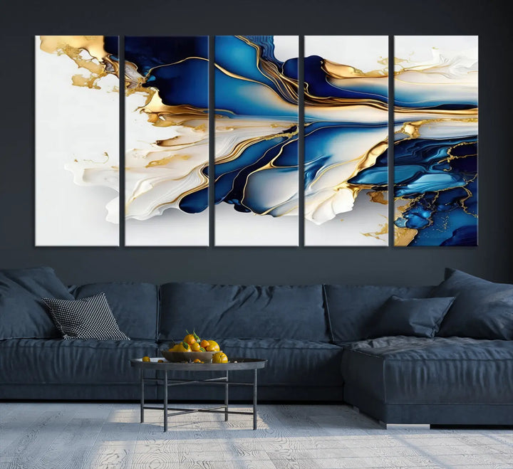 The Gold Marble Art - Abstract Geode Gold And Blue Marble Shape 3 Pieces Wall Art Canvas Print effortlessly complements abstract blue and gold decor.