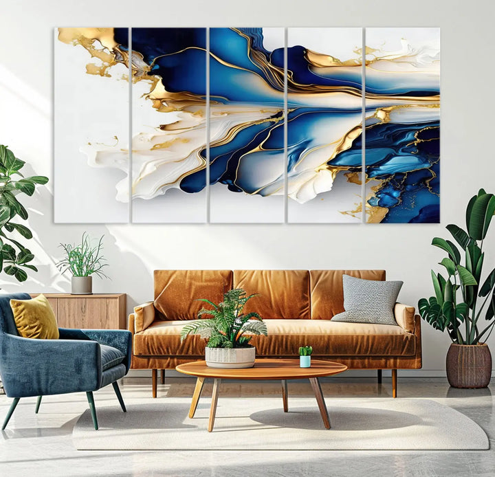 The Gold Marble Art - Abstract Geode Gold And Blue Marble Shape 3 Pieces Wall Art Canvas Print effortlessly complements abstract blue and gold decor.