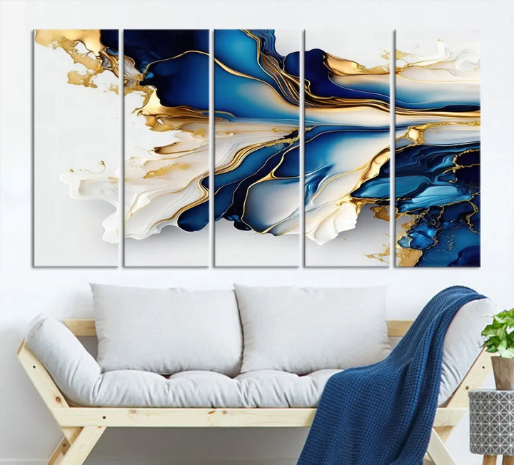 The Gold Marble Art - Abstract Geode Gold And Blue Marble Shape 3 Pieces Wall Art Canvas Print effortlessly complements abstract blue and gold decor.