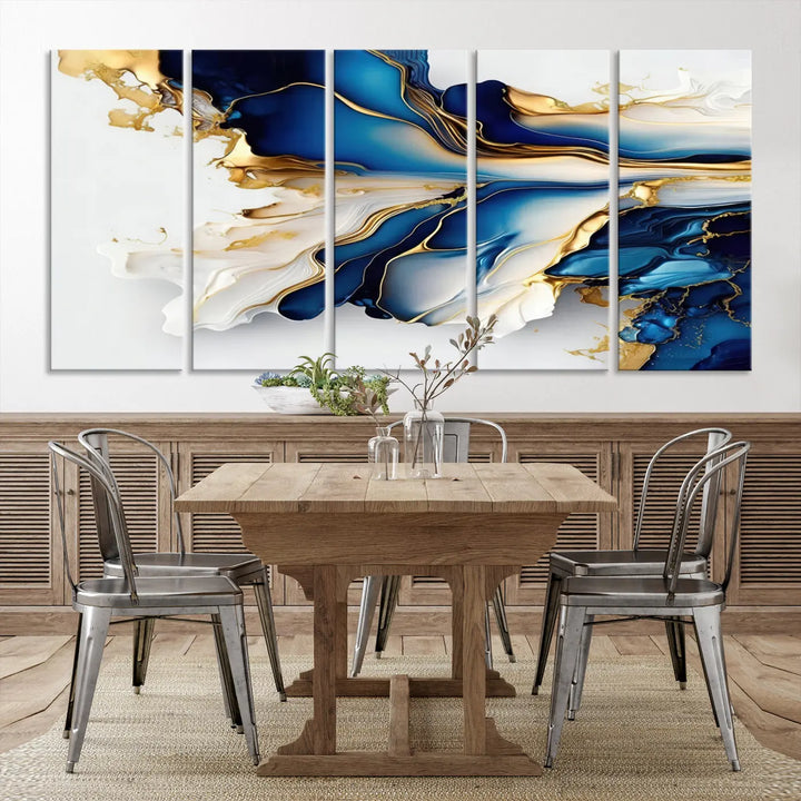 The Gold Marble Art - Abstract Geode Gold And Blue Marble Shape 3 Pieces Wall Art Canvas Print effortlessly complements abstract blue and gold decor.