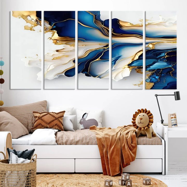 The Gold Marble Art - Abstract Geode Gold And Blue Marble Shape 3 Pieces Wall Art Canvas Print effortlessly complements abstract blue and gold decor.