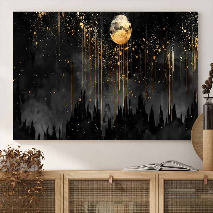 In the contemporary living room, Gold Moon Abstract Wall Art with dripping gold accents is prominently featured.