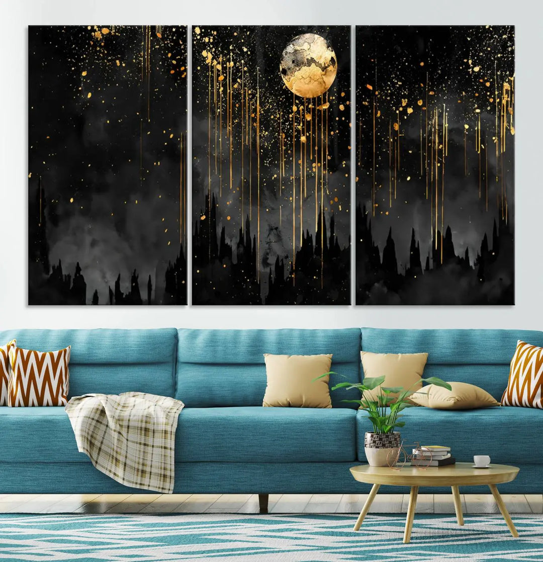 In the contemporary living room, Gold Moon Abstract Wall Art with dripping gold accents is prominently featured.