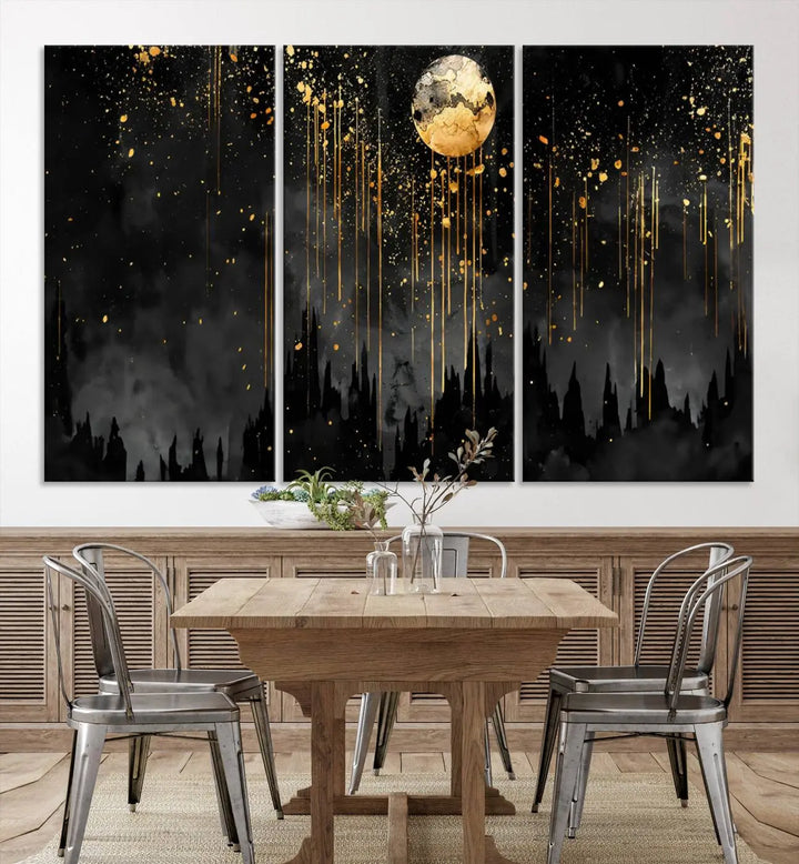 In the contemporary living room, Gold Moon Abstract Wall Art with dripping gold accents is prominently featured.