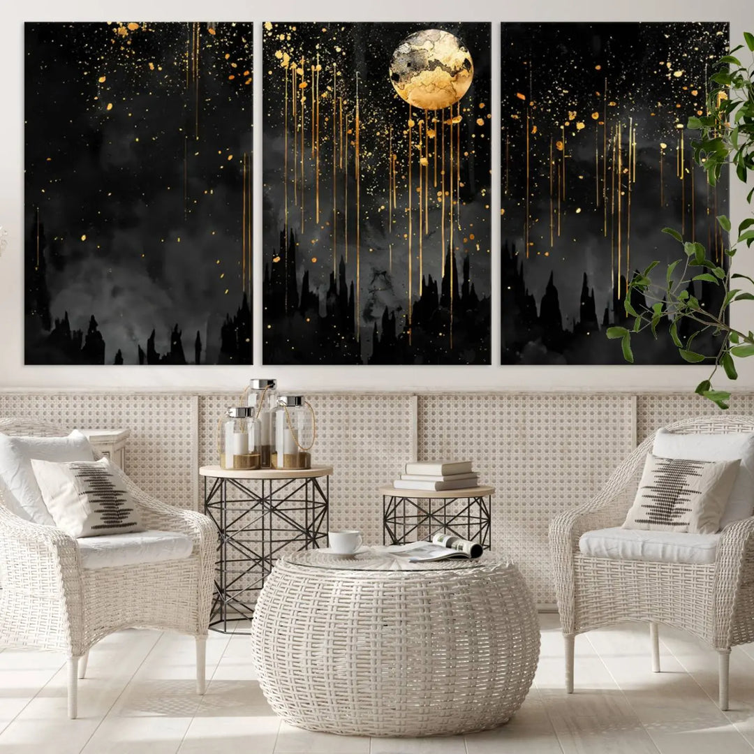 In the contemporary living room, Gold Moon Abstract Wall Art with dripping gold accents is prominently featured.