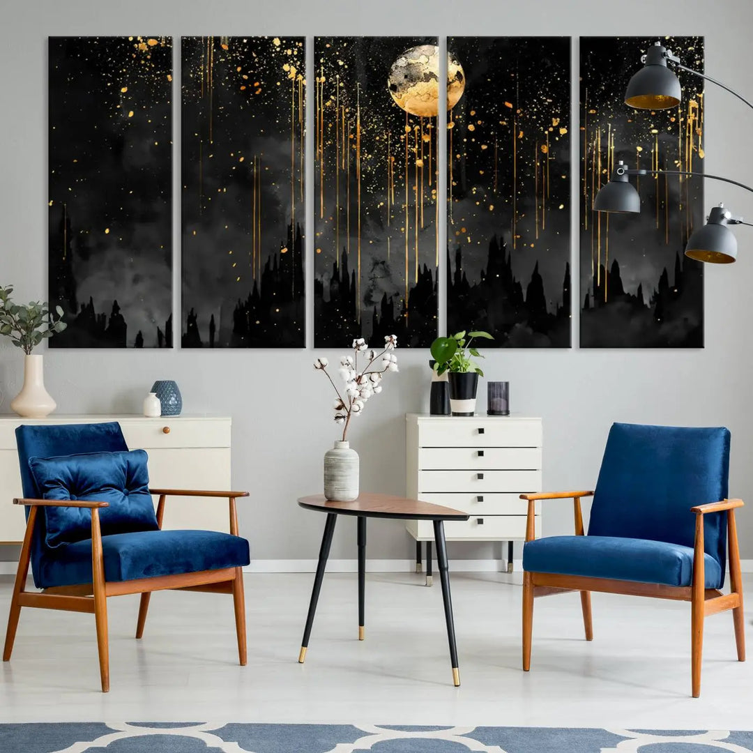 In the contemporary living room, Gold Moon Abstract Wall Art with dripping gold accents is prominently featured.