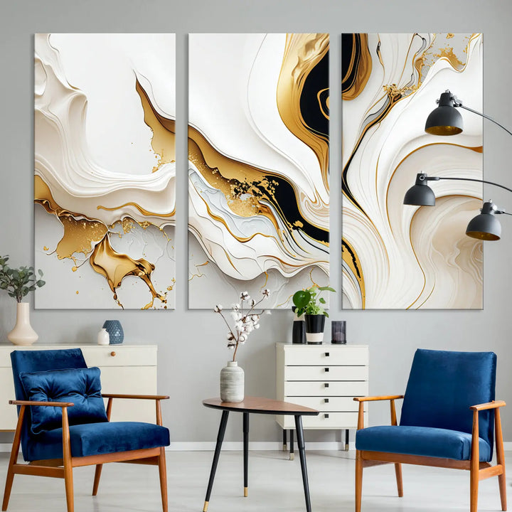 Three Gold Waves on Pure White art pieces adorn a dark wall.