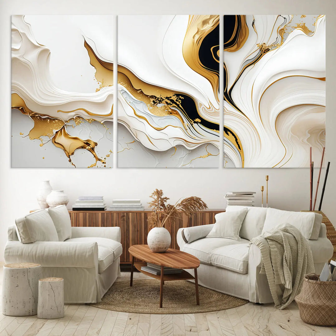 Three Gold Waves on Pure White art pieces adorn a dark wall.